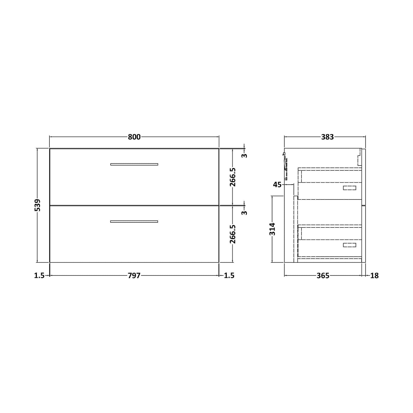 [BFLE1426F] 800 WH 2-DRAWER UNIT (365 DEEP) - Technical Drawing