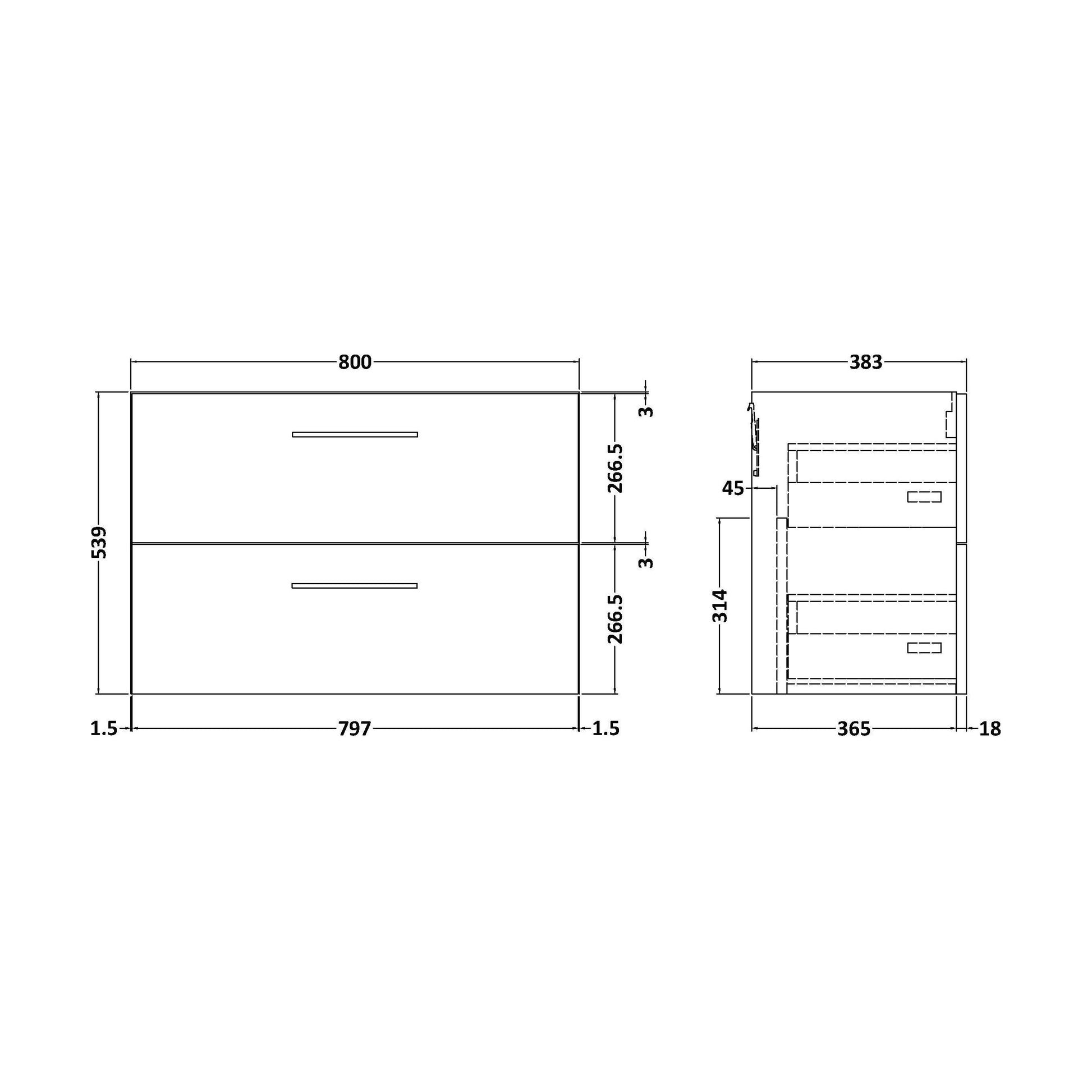 [BFLE1426F] 800 WH 2-DRAWER UNIT (365 DEEP) - Technical Drawing