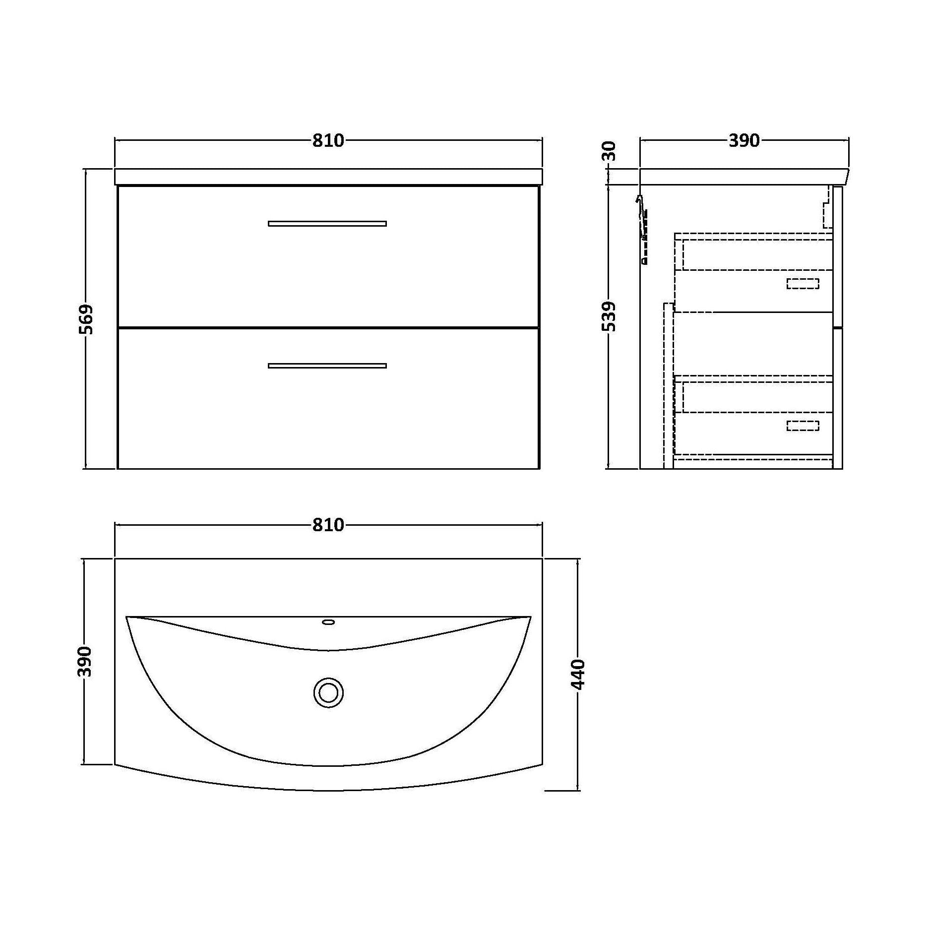 [BFLE1426G] Balterley  Contemporary Bathroom 2-Drawer Wall-Hung Curved Basin Vanity Unit, Dark Grey, 800mm - Technical Drawing