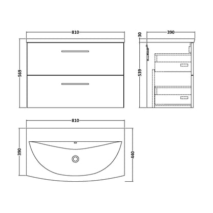 [BFLE1426G] Balterley  Contemporary Bathroom 2-Drawer Wall-Hung Curved Basin Vanity Unit, Dark Grey, 800mm - Technical Drawing