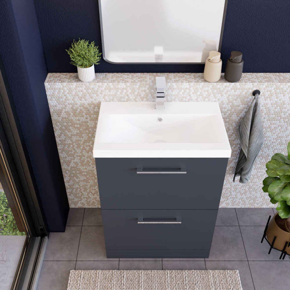 [BFLE1433A] Balterley Modern Bathroom 2 Drawer Floor Standing Vanity Unit & Rectangular Mid-Edge Basin, Dark Grey, 600 mm - Lifestyle 2