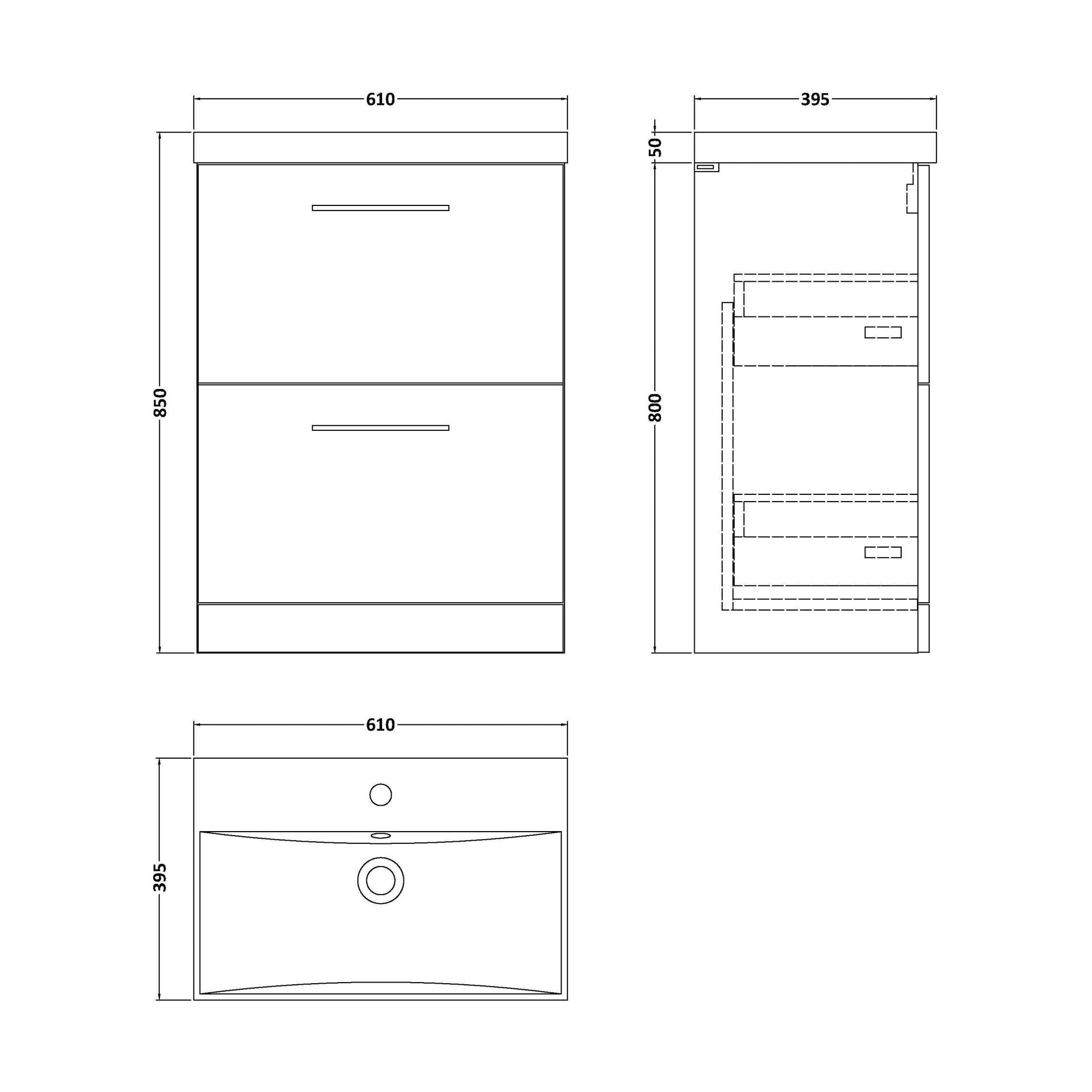 [BFLE1433D] Balterley  Contemporary Bathroom 2 Soft Close Drawers & Thin-Edge Floor Standing Vanity Unit Basin, Dark Grey, 600mm - Technical Drawing