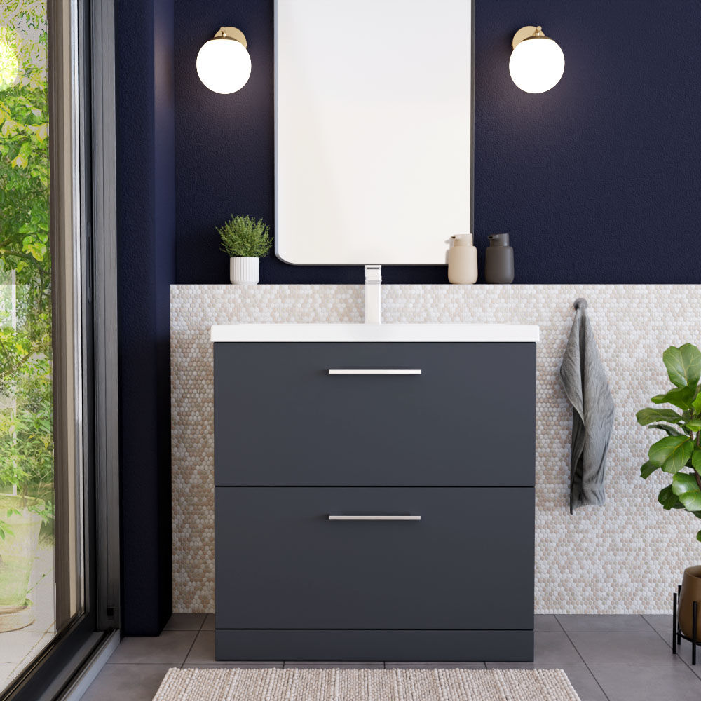 [BFLE1435A] Balterley Modern Bathroom 2 Drawer Floor Standing Vanity Unit & Rectangular Mid-Edge Basin, Dark Grey, 800 mm - Lifestyle 1