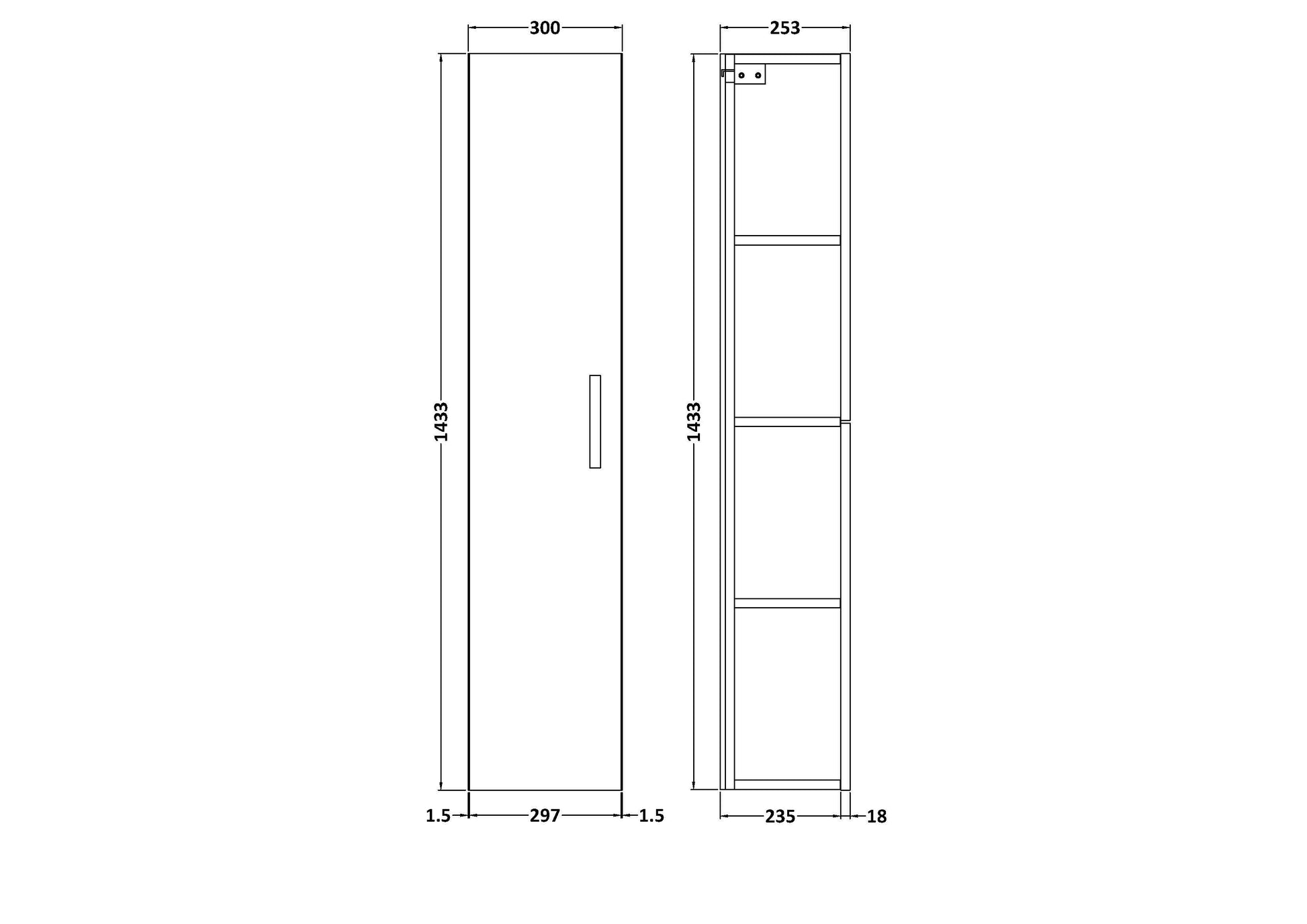 [BFLE1461] Bramshall 300mm Wall Hung 1 Door Tall Unit - Choice of Colour and Handle Finish - Technical Drawing
