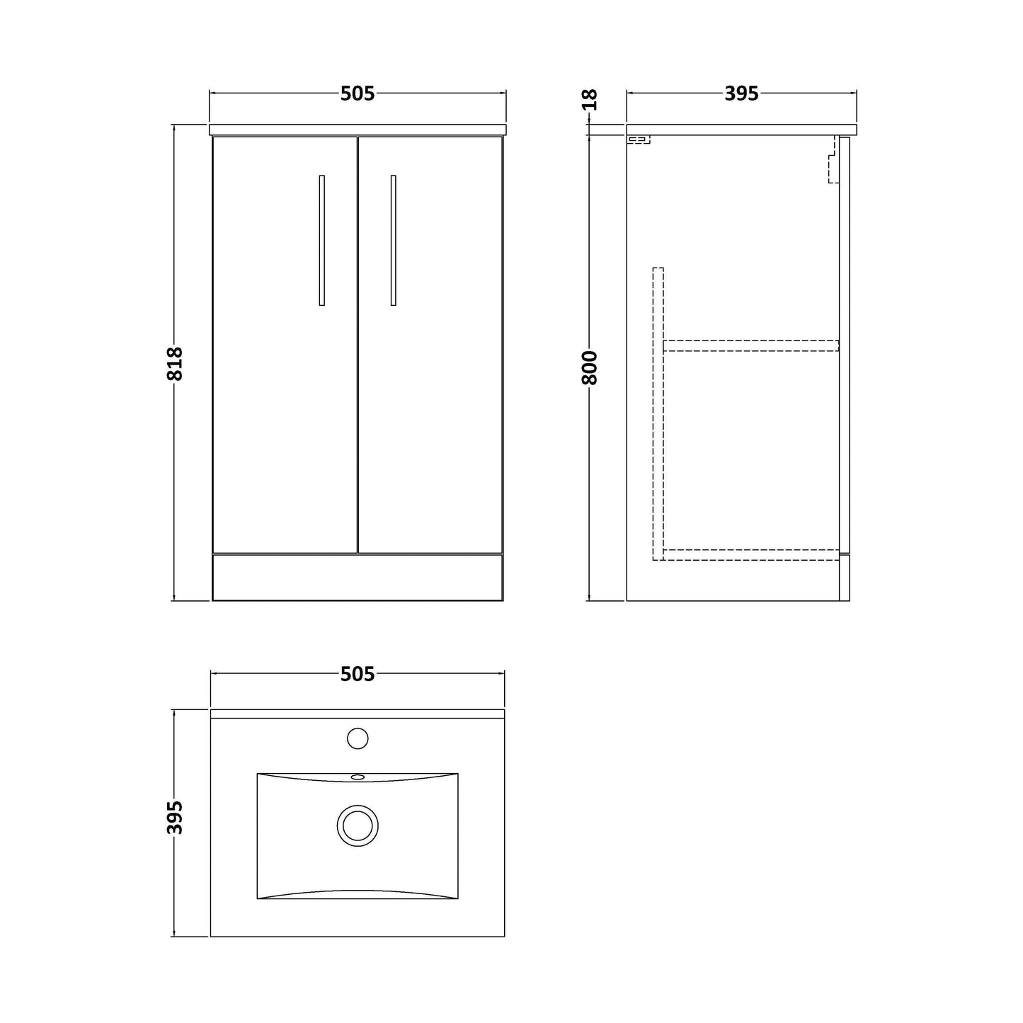 [BFLE2201B] Balterley  Modern Bathroom 2 Soft Close Door & Minimalist Floor Standing Vanity Unit Basin, Satin Grey, 345mm - Technical Drawing