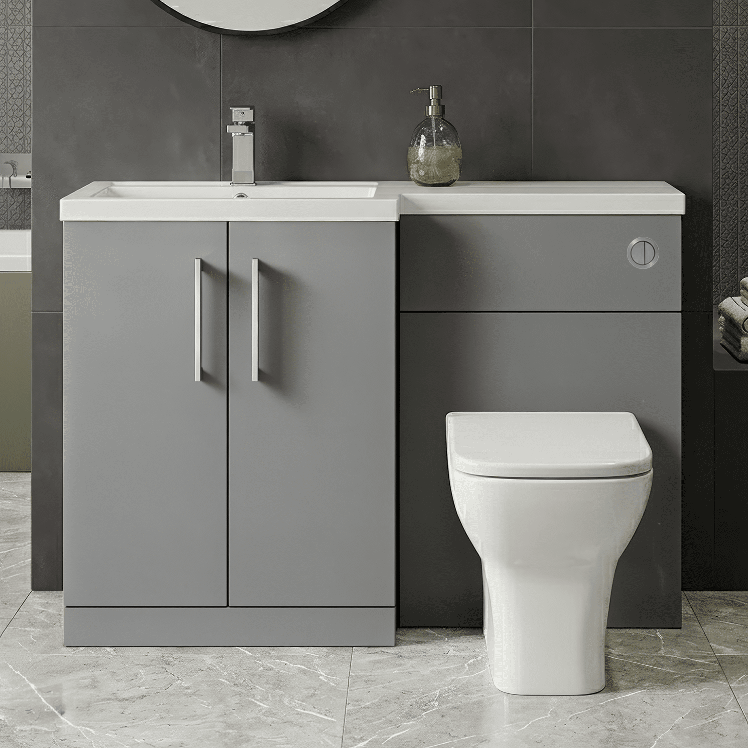 [BFLE2211L] Bramshall Combination Vanity Unit with Basin & WC, Left Hand, 1100mm x 390mm - Choice of Colour and Handle Finish - Silo