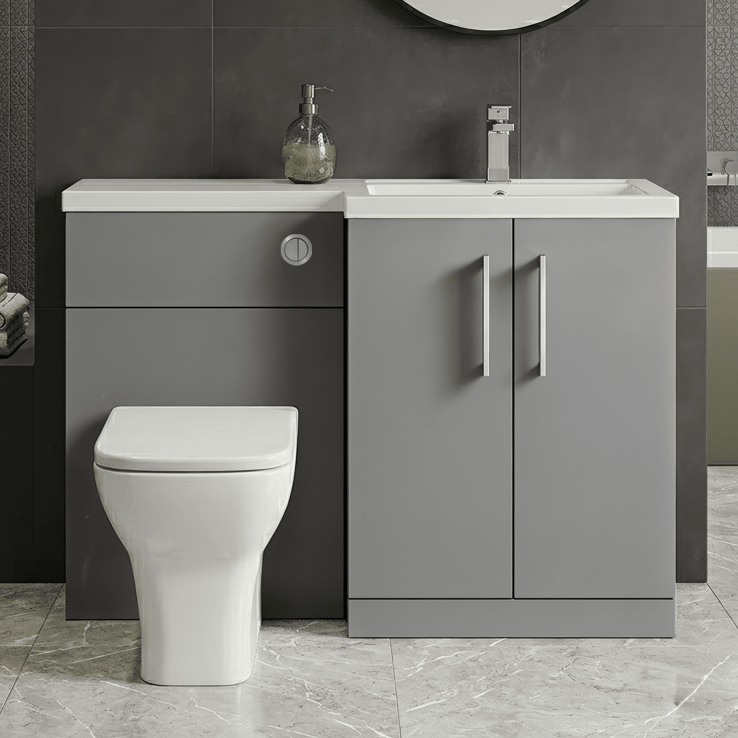 [BFLE2211R] Bramshall Combination Vanity Unit with Basin & WC, Right Hand, 1100mm x 390mm - Choice of Colour and Handle Finish - Silo