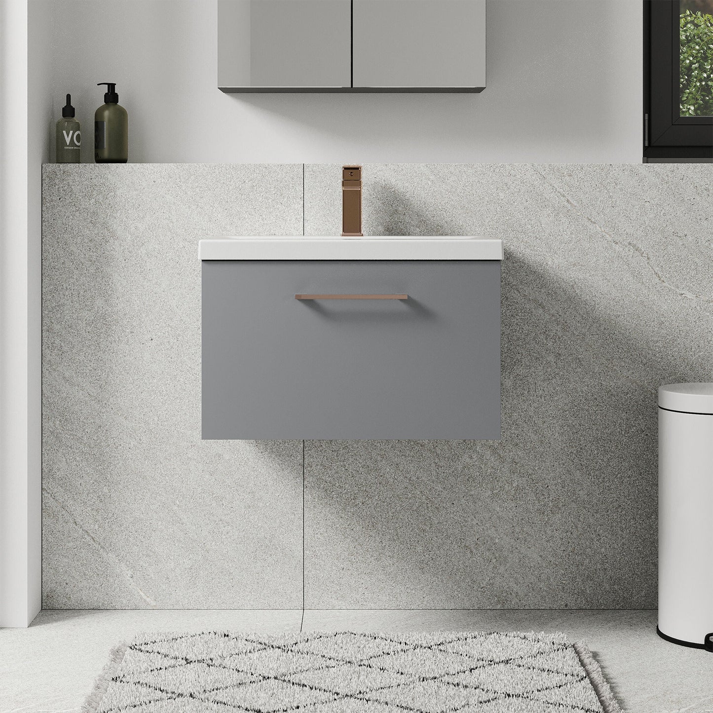 [BFLE2222AH1516] Bramshall Wall Hung 1 Drawer Vanity Unit with Mid-Edge Ceramic Basin - Choice of Colour, Handle Finish and Size - Lifestyle 1