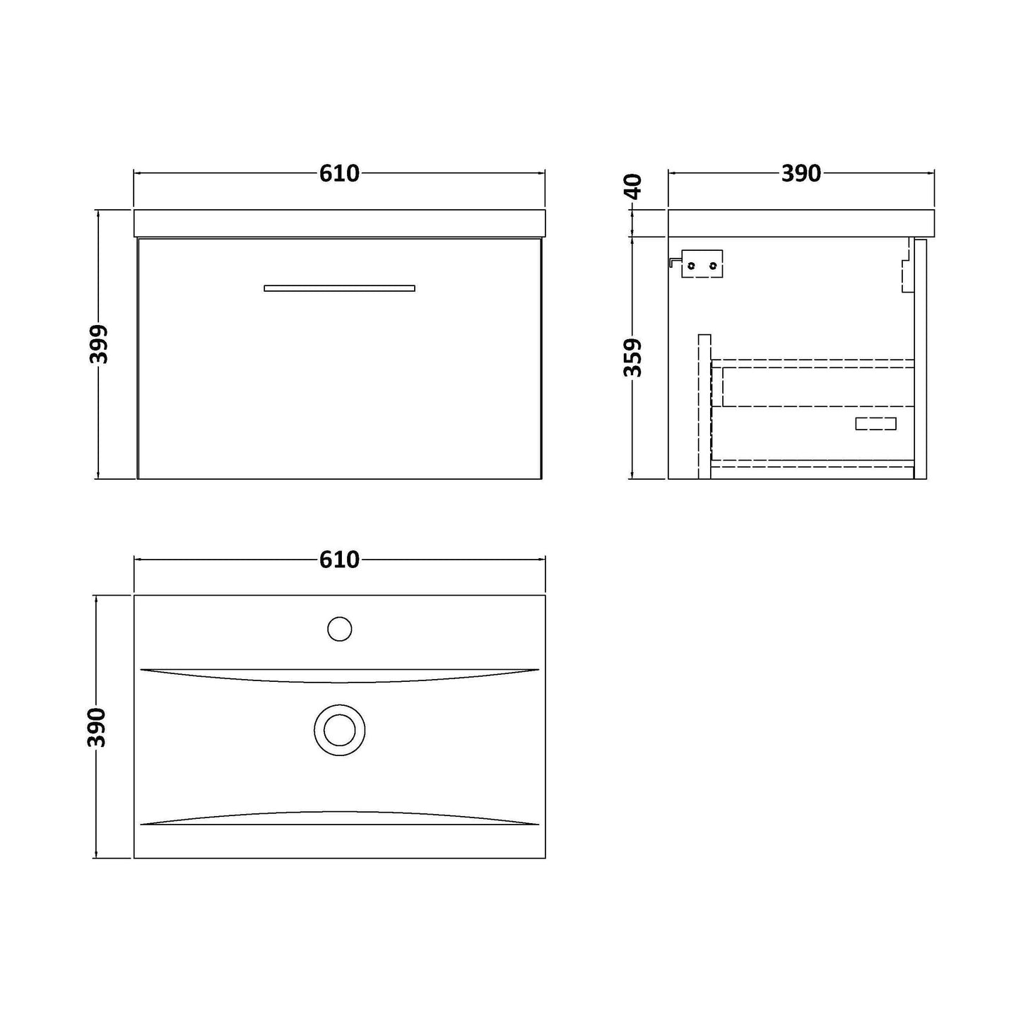 [BFLE2222A] Bramshall Wall Hung 1 Drawer Vanity Unit with Mid-Edge Ceramic Basin - Choice of Colour, Handle Finish and Size - Technical Drawing