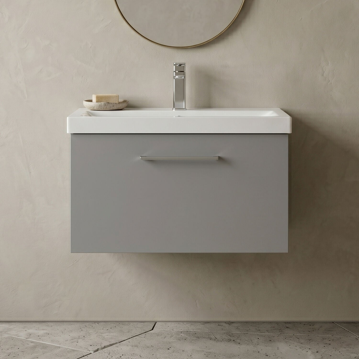 [BFLE2222A] Bramshall Wall Hung 1 Drawer Vanity Unit with Mid-Edge Ceramic Basin - Choice of Colour, Handle Finish and Size - Silo