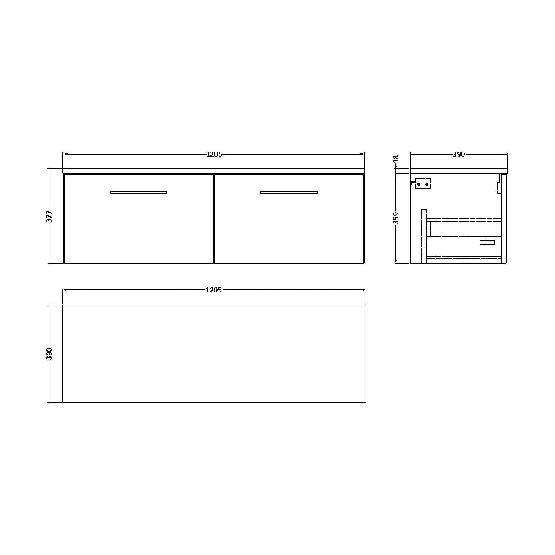[BFLE2222W2] Balterley Level 1200mm Wall Hung 2 Drawer Vanity Unit with Worktop Stylish Storage Solution - Satin Grey - Technical Drawing