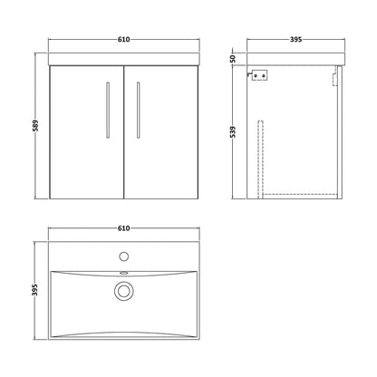 [BFLE2223D] Balterley  Contemporary Bathroom 2 Soft Close Door & Thin-Edge Wall Hung Vanity Unit Basin, Satin Grey, 600mm - Technical Drawing