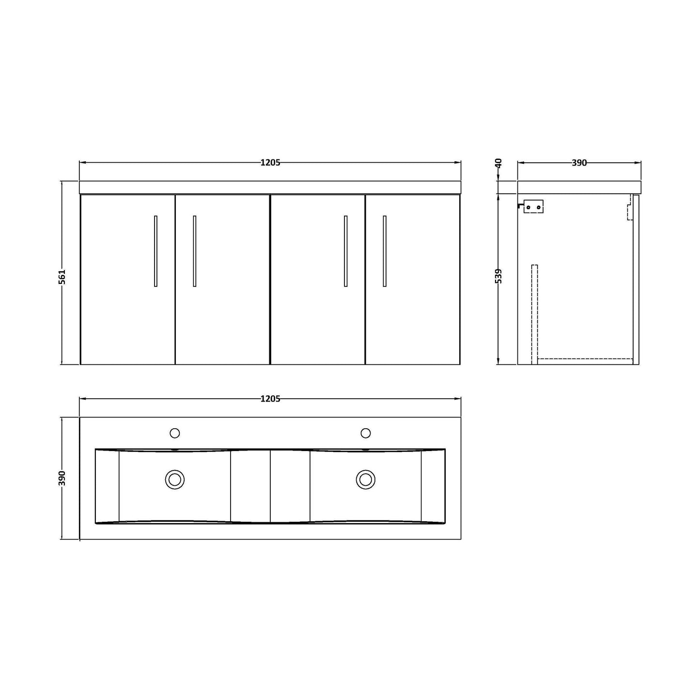 [BFLE2223F2] Bramshall 4 Door Vanity Basin Unit - 1200mm - Choice of Basin and Colour - Technical Drawing