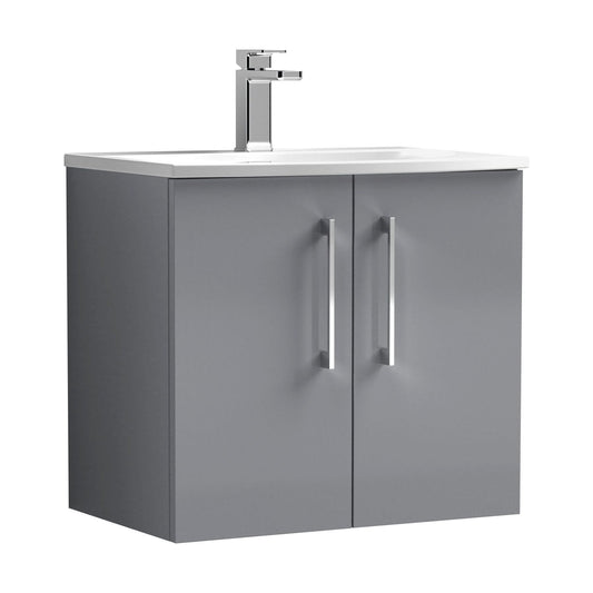 [BFLE2223G] Balterley  Modern Bathroom Wall Hung 2 Soft Close Door Vanity Unit & Curved Basin, Satin Grey, 600mm - Cutout