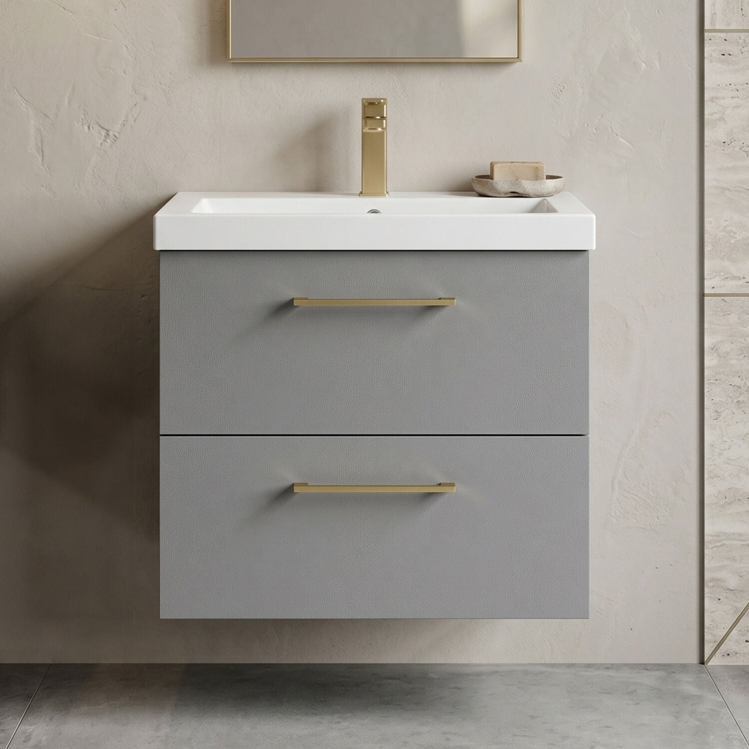 [BFLE2224AH017] Bramshall Wall Hung 2 Drawer Vanity Unit with Mid-Edge Ceramic Basin - Choice of Colour, Handle Finish and Size - Silo
