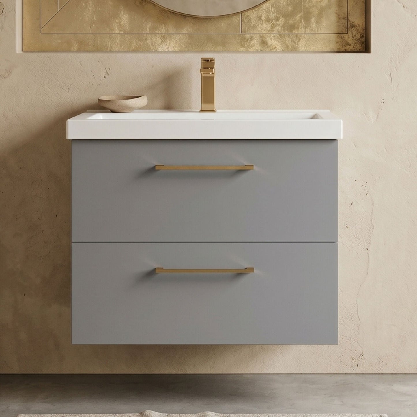 [BFLE2224AH1516] Bramshall Wall Hung 2 Drawer Vanity Unit with Mid-Edge Ceramic Basin - Choice of Colour, Handle Finish and Size - Silo
