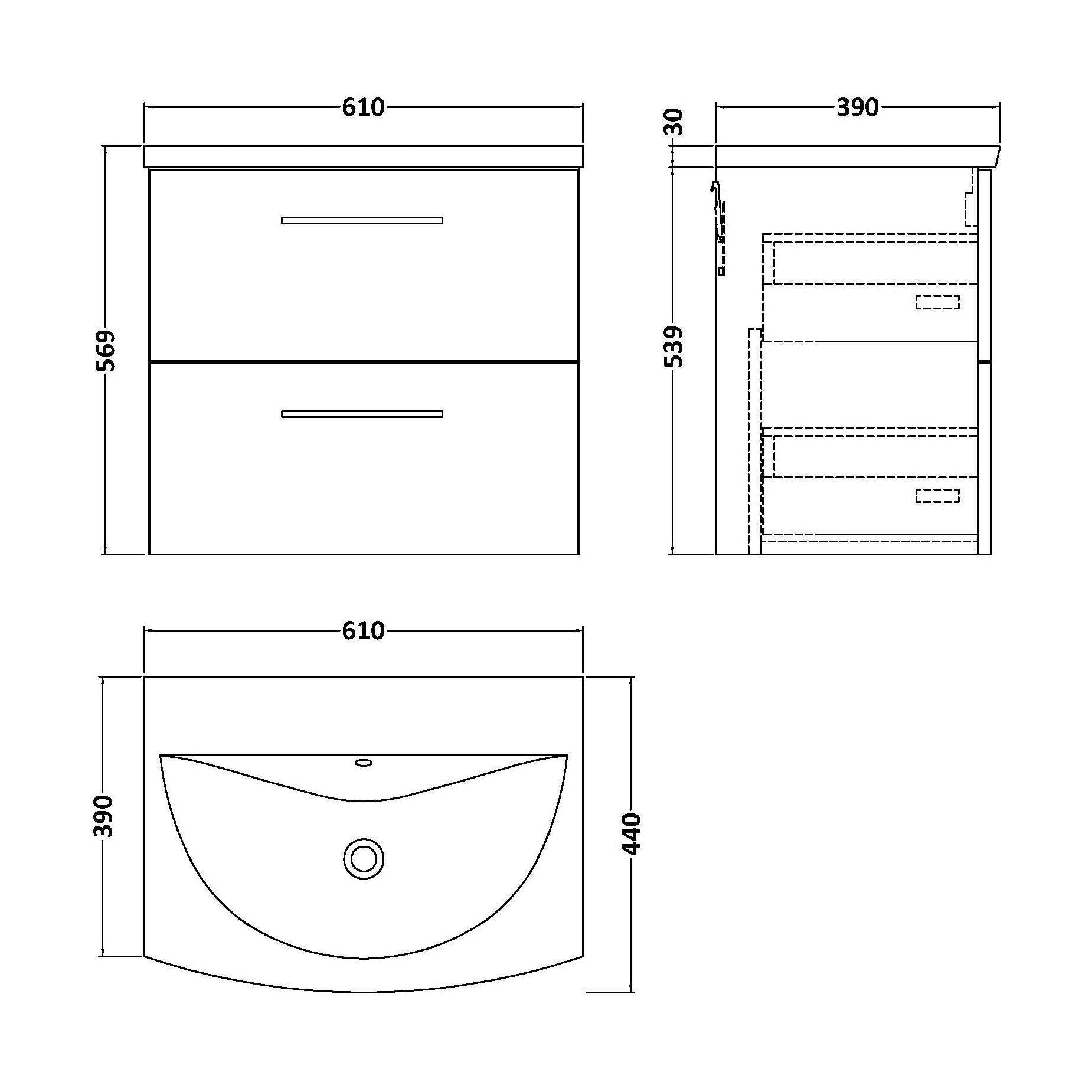 [BFLE2224G] Balterley  Modern Bathroom Wall Hung 2 Soft Close Drawer Vanity Unit & Curved Basin, Satin Grey, 600mm - Technical Drawing