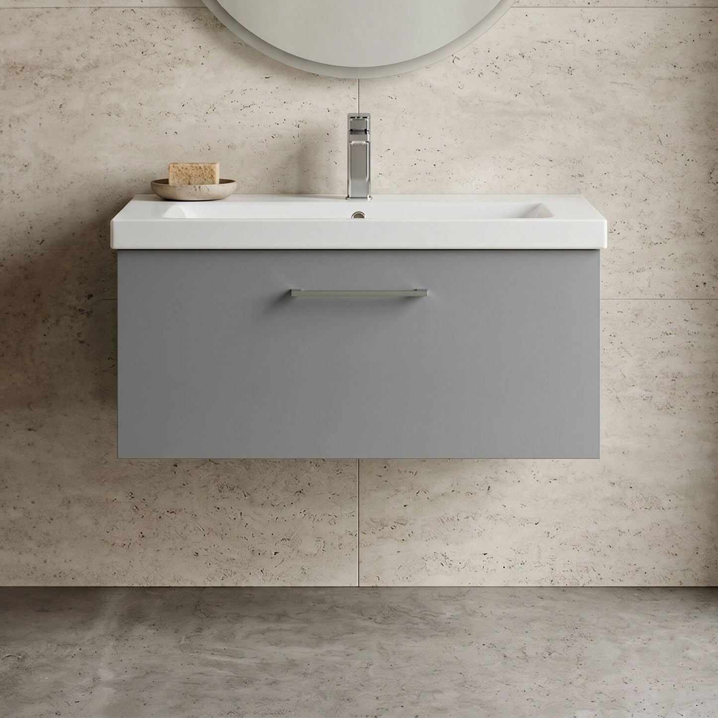 [BFLE2225A] Bramshall Wall Hung 1 Drawer Vanity Unit with Mid-Edge Ceramic Basin - Choice of Colour, Handle Finish and Size - Silo