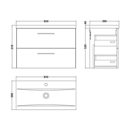 [BFLE2226AH018] Bramshall Wall Hung 2 Drawer Vanity Unit with Mid-Edge Ceramic Basin - Choice of Colour, Handle Finish and Size - Technical Drawing