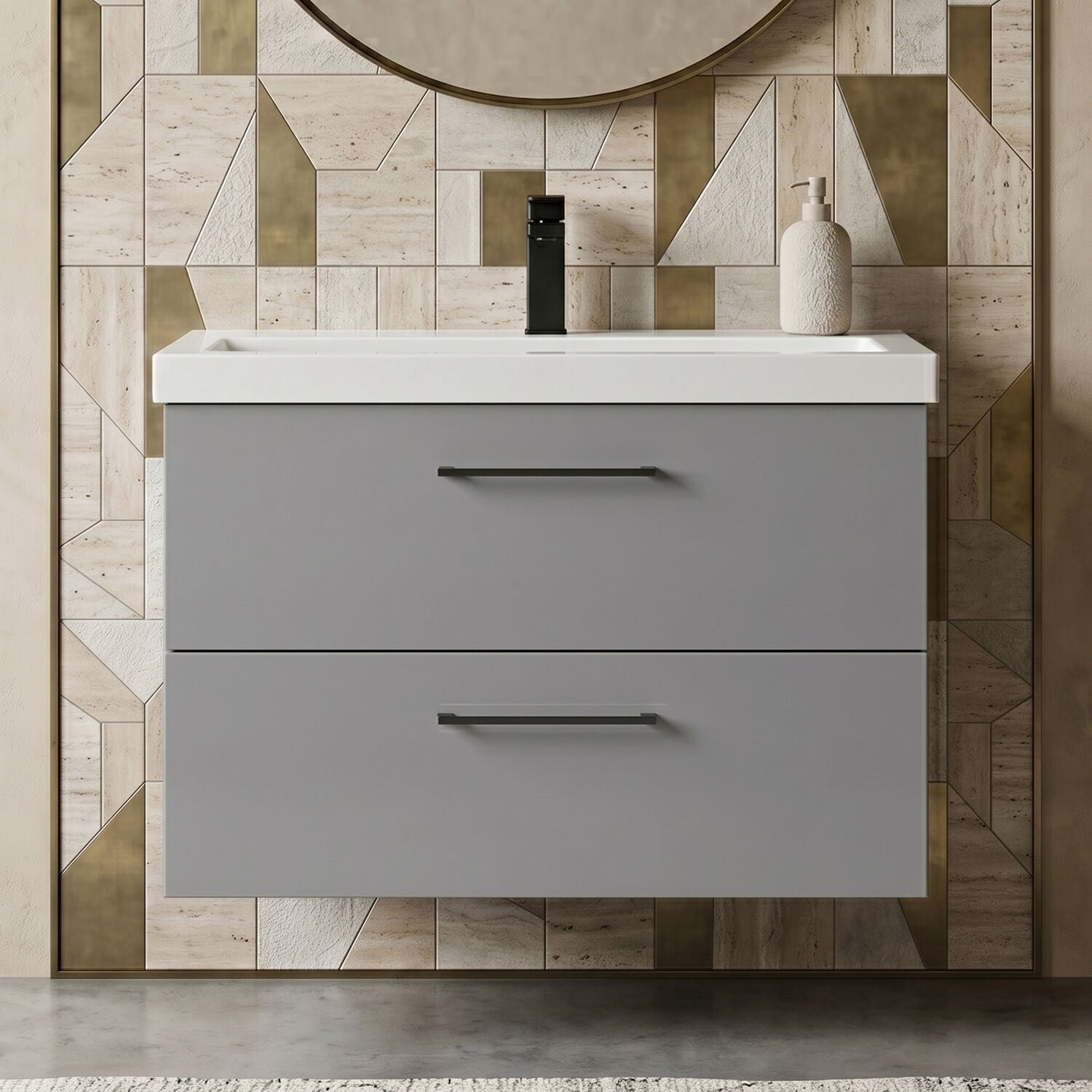 [BFLE2226AH018] Bramshall Wall Hung 2 Drawer Vanity Unit with Mid-Edge Ceramic Basin - Choice of Colour, Handle Finish and Size - Silo