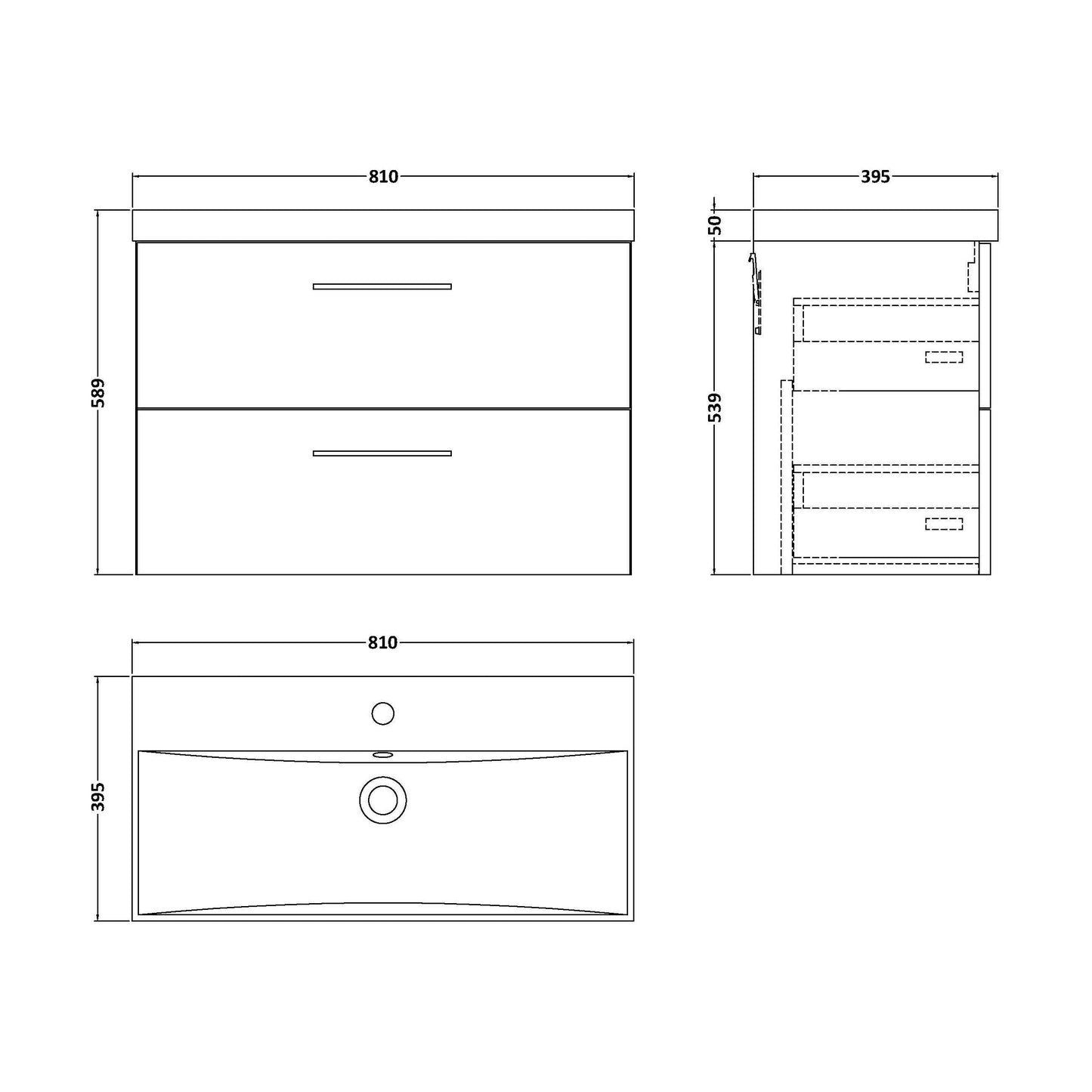 [BFLE2226D] Balterley  Contemporary Bathroom 2 Soft Close Drawer & Thin-Edge Wall Hung Vanity Unit Basin, Satin Grey, 800mm - Technical Drawing