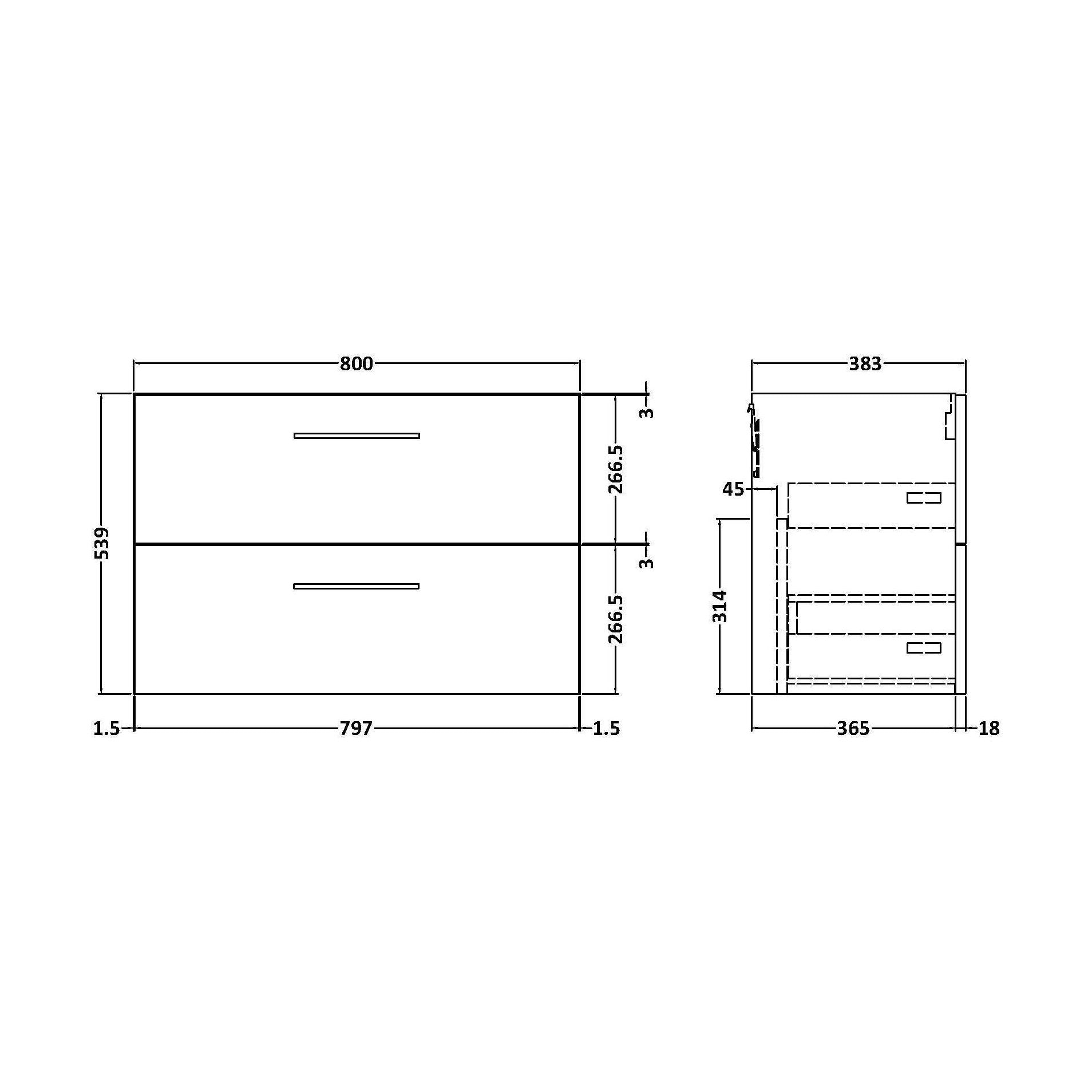 [BFLE2226F] 800 WH 2-DRAWER UNIT (365 DEEP) - Technical Drawing