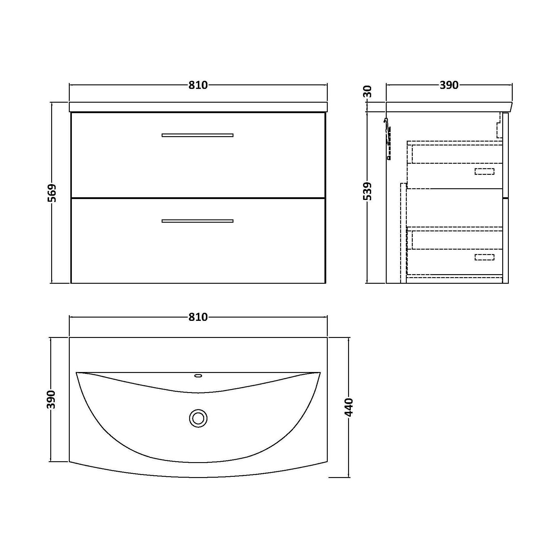 [BFLE2226G] Balterley  Modern Bathroom Wall Hung 2 Soft Close Drawer Vanity Unit & Curved Basin, Satin Grey, 800mm - Technical Drawing