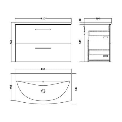 [BFLE2226G] Balterley  Modern Bathroom Wall Hung 2 Soft Close Drawer Vanity Unit & Curved Basin, Satin Grey, 800mm - Technical Drawing