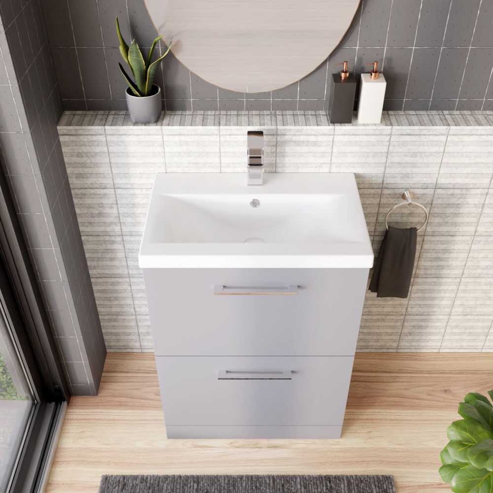 [BFLE2233A] Balterley Modern Bathroom 2 Soft Close Drawer Floor Standing Vanity Unit & Rectangular Mid-Edge Basin, Satin Grey, 600 mm - Lifestyle 2