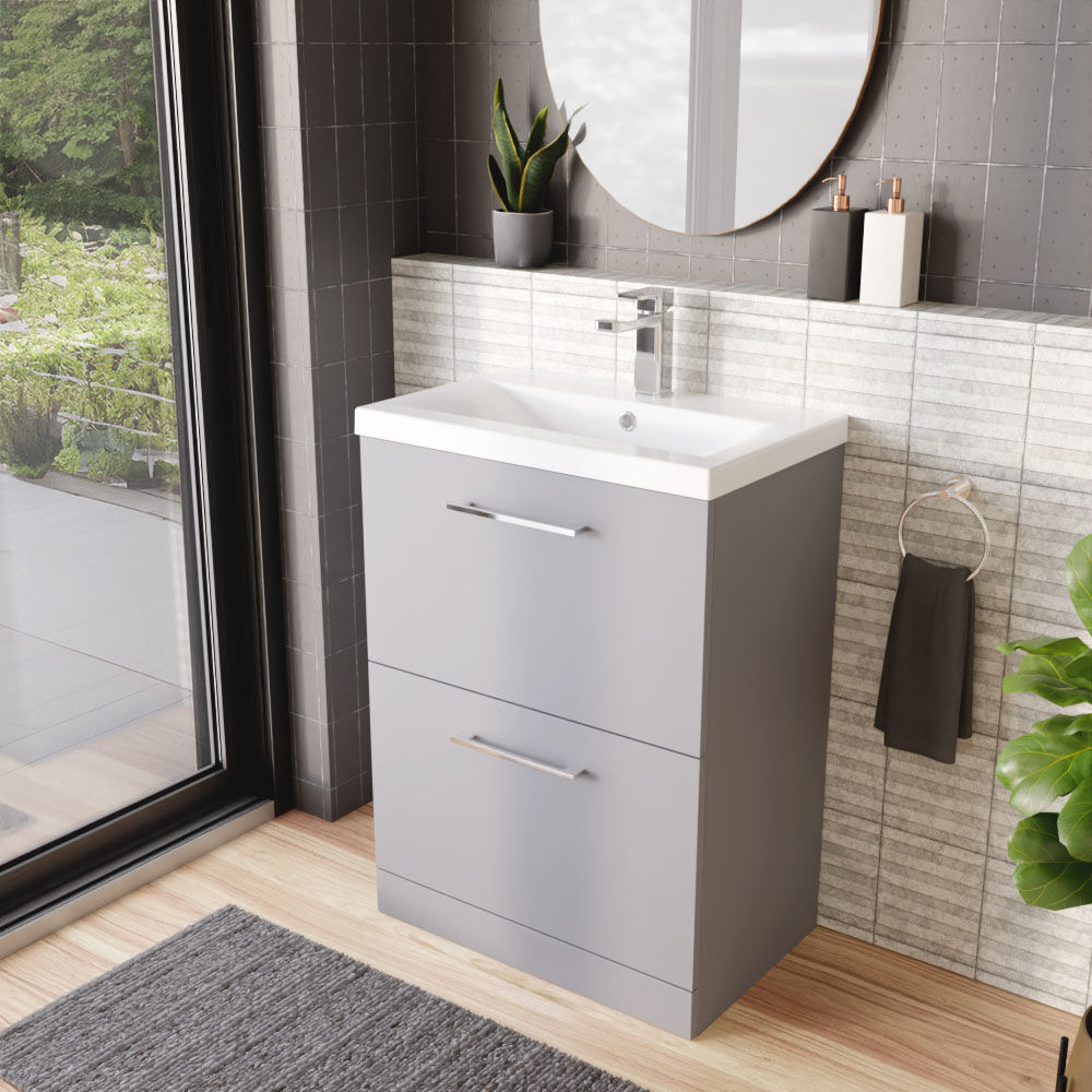 [BFLE2233A] Balterley Modern Bathroom 2 Soft Close Drawer Floor Standing Vanity Unit & Rectangular Mid-Edge Basin, Satin Grey, 600 mm - Lifestyle 3