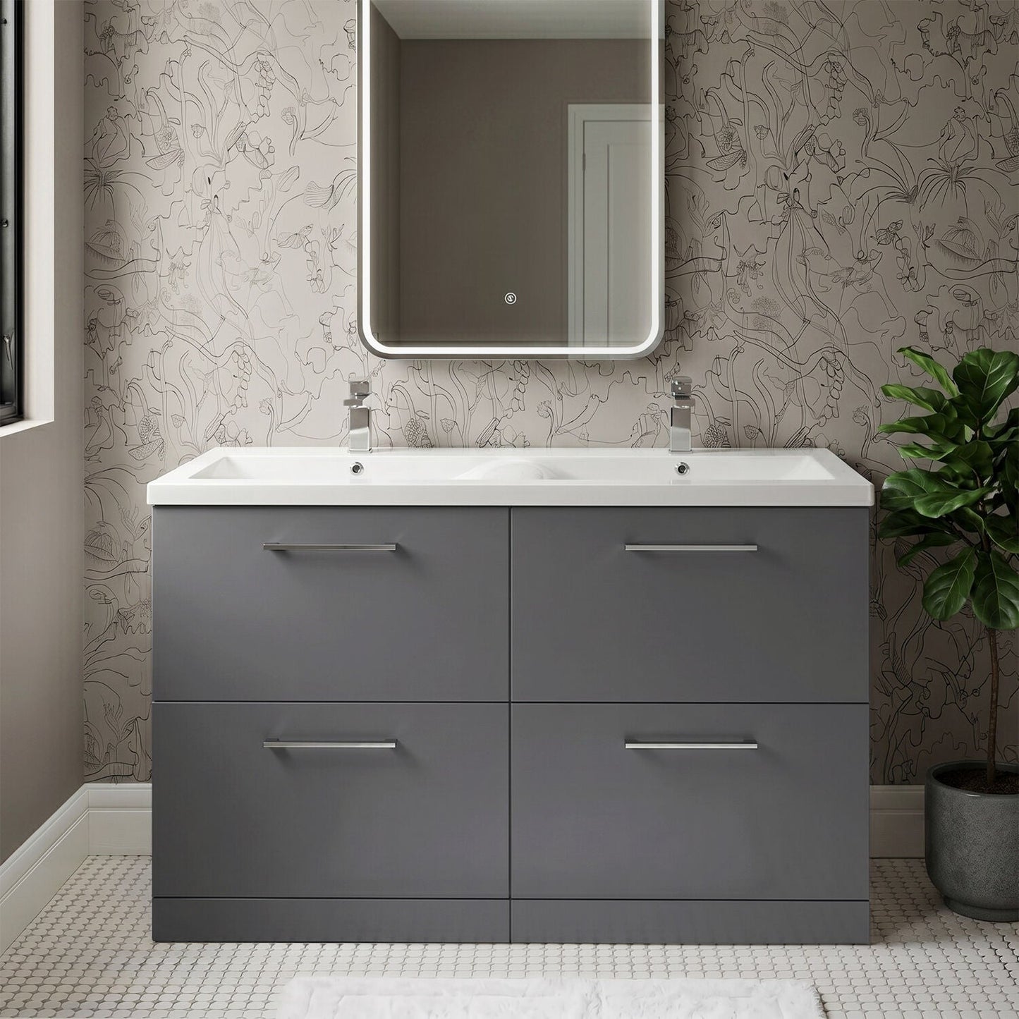 [BFLE2233F2] Balterley Level 1200mm Floor Standing 4 Drawer Vanity Unit with Double Basin, Handles & Overflow for Bathroom Storage Gloss White - Silo