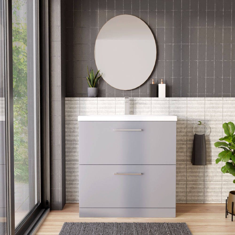[BFLE2235A] Balterley Contemporary Bathroom Floor Standing 2 Drawer Vanity Unit & Mid-Edge Ceramic Basin, Satin Grey, 800 mm - Lifestyle 1