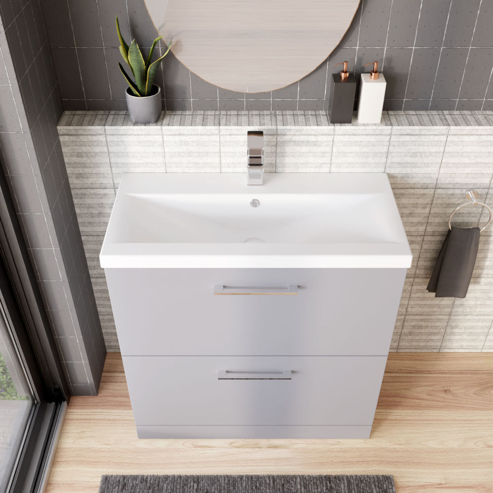 [BFLE2235A] Balterley Contemporary Bathroom Floor Standing 2 Drawer Vanity Unit & Mid-Edge Ceramic Basin, Satin Grey, 800 mm - Lifestyle 2