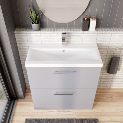 [BFLE2235A] Balterley Contemporary Bathroom Floor Standing 2 Drawer Vanity Unit & Mid-Edge Ceramic Basin, Satin Grey, 800 mm - Lifestyle 2