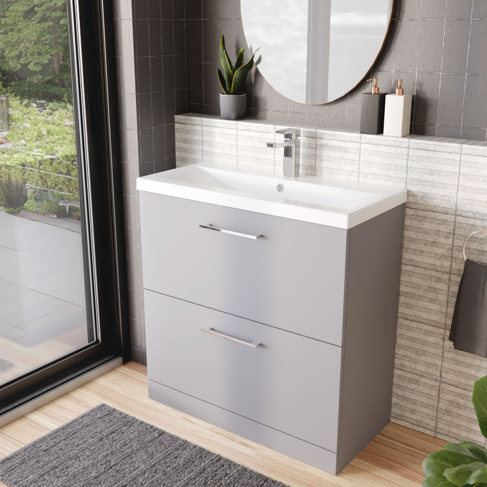[BFLE2235A] Balterley Contemporary Bathroom Floor Standing 2 Drawer Vanity Unit & Mid-Edge Ceramic Basin, Satin Grey, 800 mm - Lifestyle 3