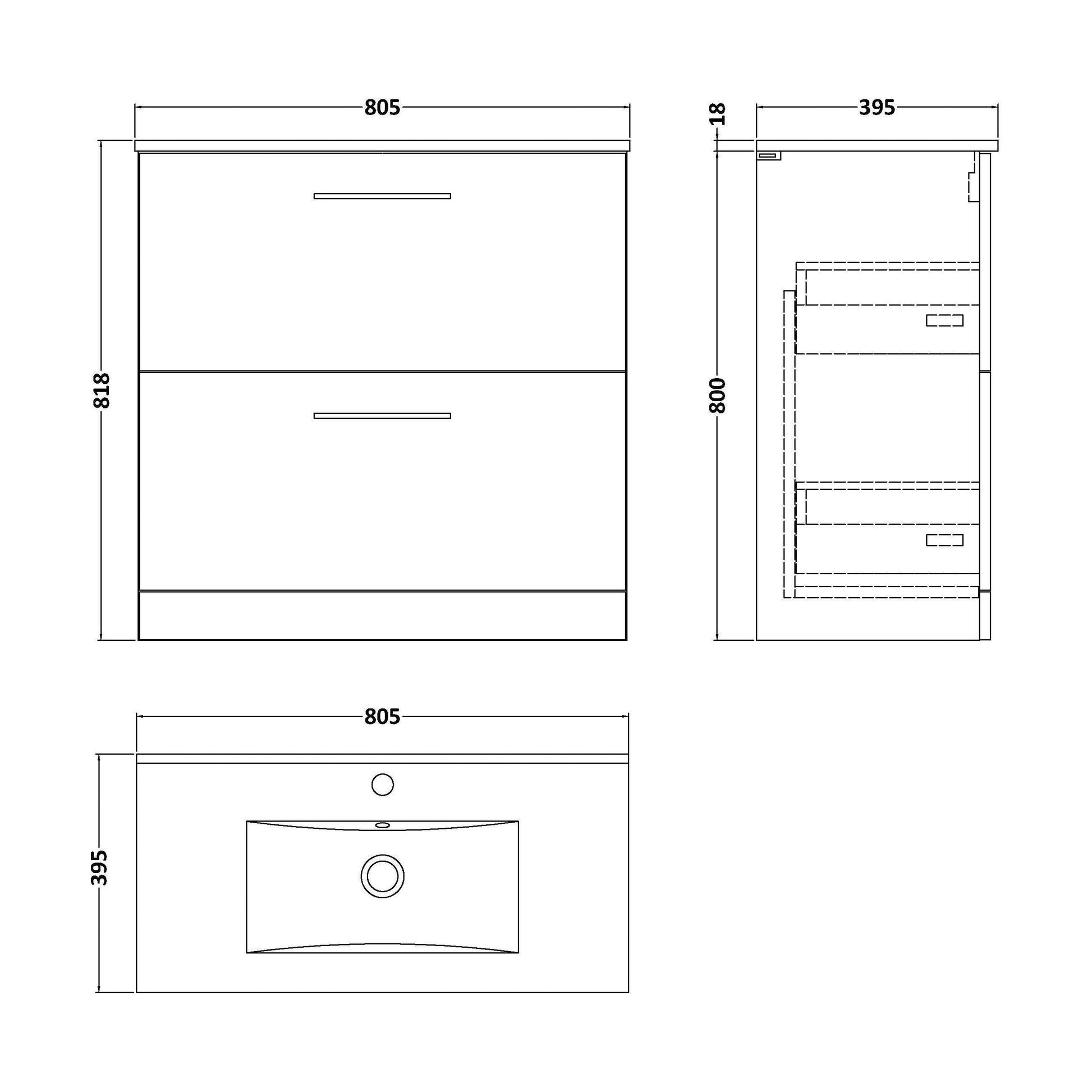 [BFLE2235B] Balterley  Modern Bathroom 2 Soft Close Drawer & Minimalist Floor Standing Vanity Unit Basin, Satin Grey, 435mm - Technical Drawing