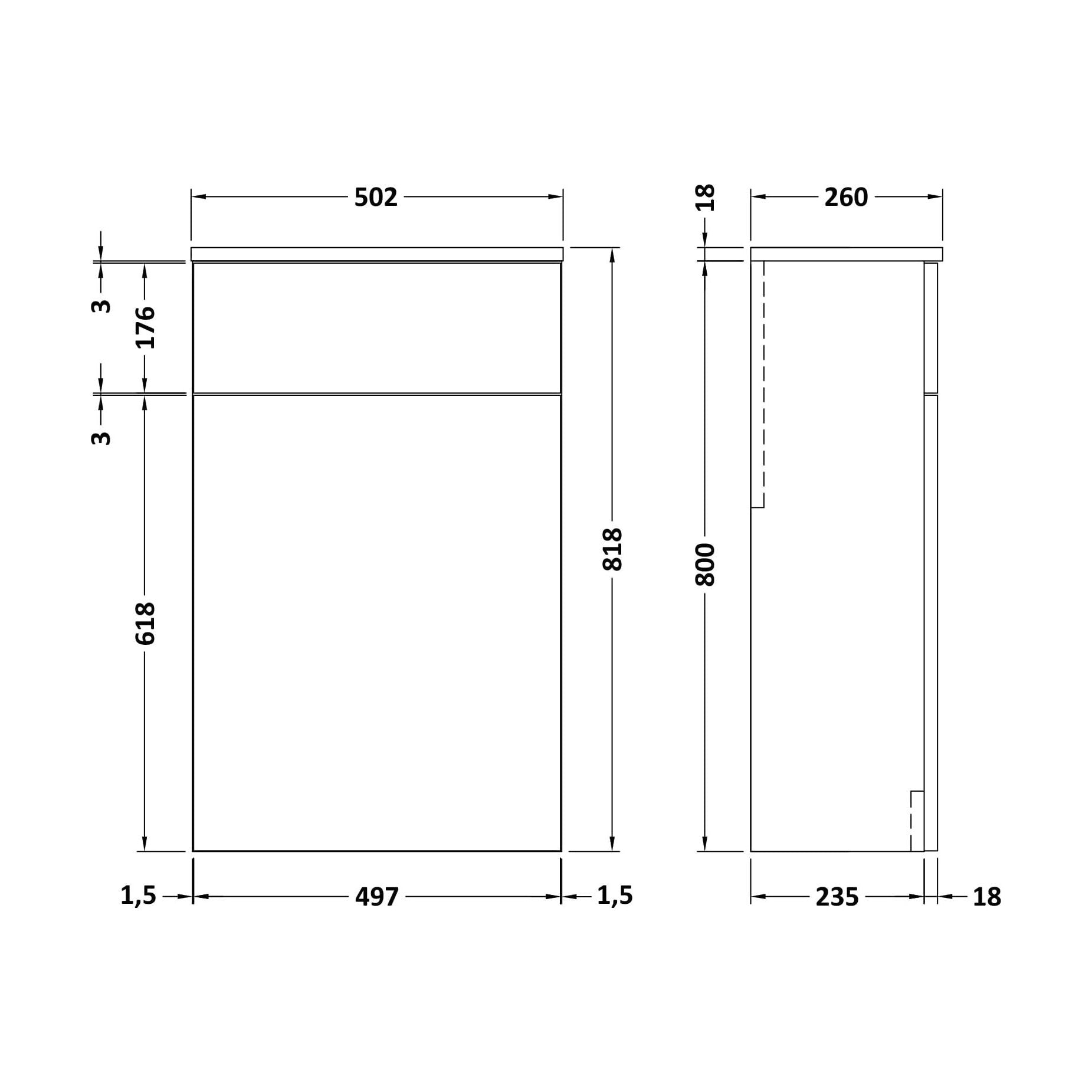[BFLE2241] Bramshall 500mm Floor-Standing Contemporary Compact WC Toilet Unit - Technical Drawing