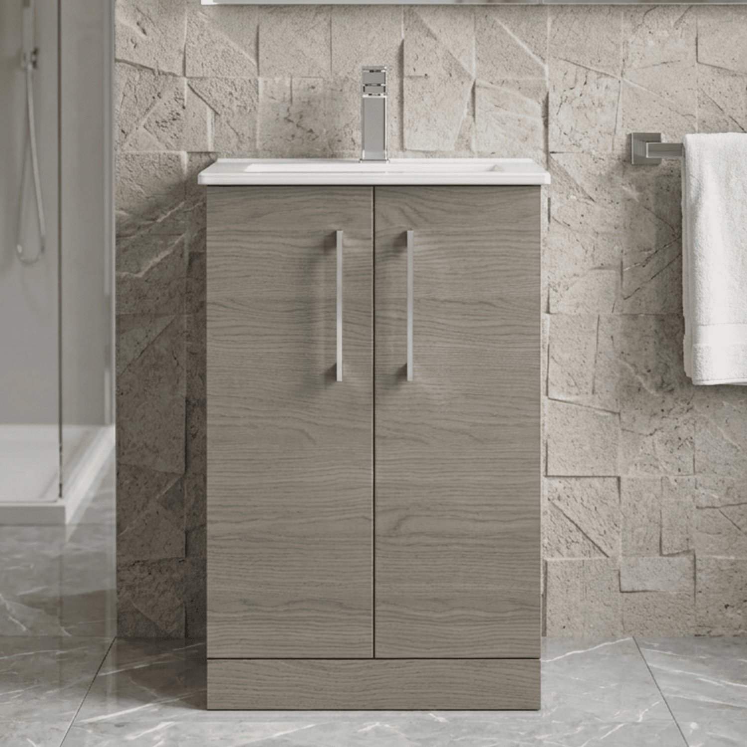 [BFLE2501B] Balterley  Modern Bathroom 2 Soft Close Door & Minimalist Floor Standing Vanity Unit Basin, Solace Oak, 345mm - Silo