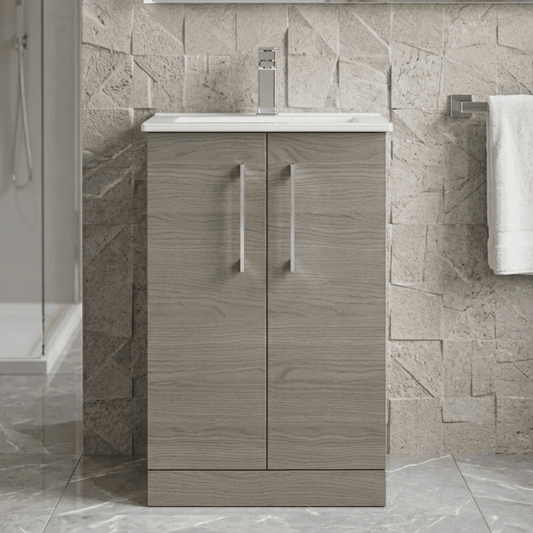 [BFLE2501B] Balterley  Modern Bathroom 2 Soft Close Door & Minimalist Floor Standing Vanity Unit Basin, Solace Oak, 345mm - Silo