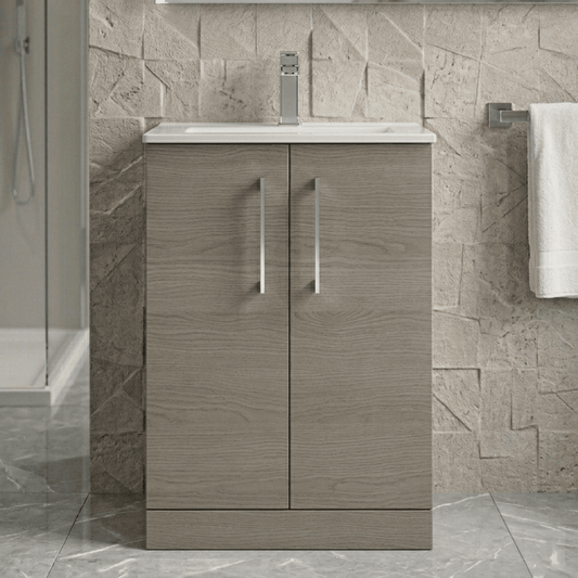 [BFLE2503B] Balterley Level Contemporary Bathroom Floor-Standing 2-Door Vanity Unit & Minimalist Basin, Solace Oak, 600 mm - Silo