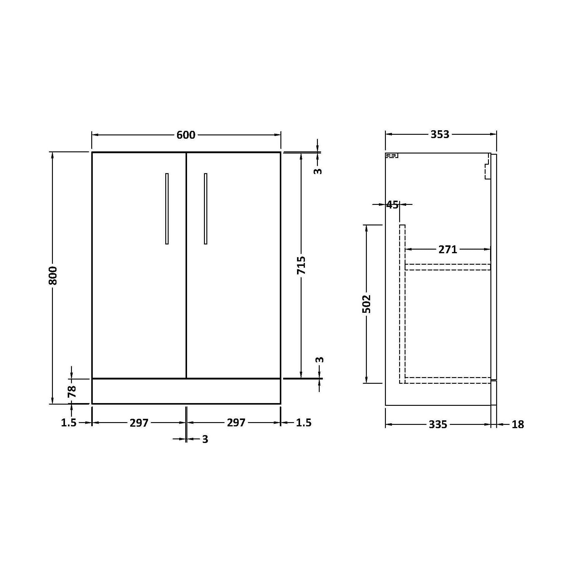 [BFLE2503C] 600 FS 2-DOOR UNIT (335 Deep) - Technical Drawing