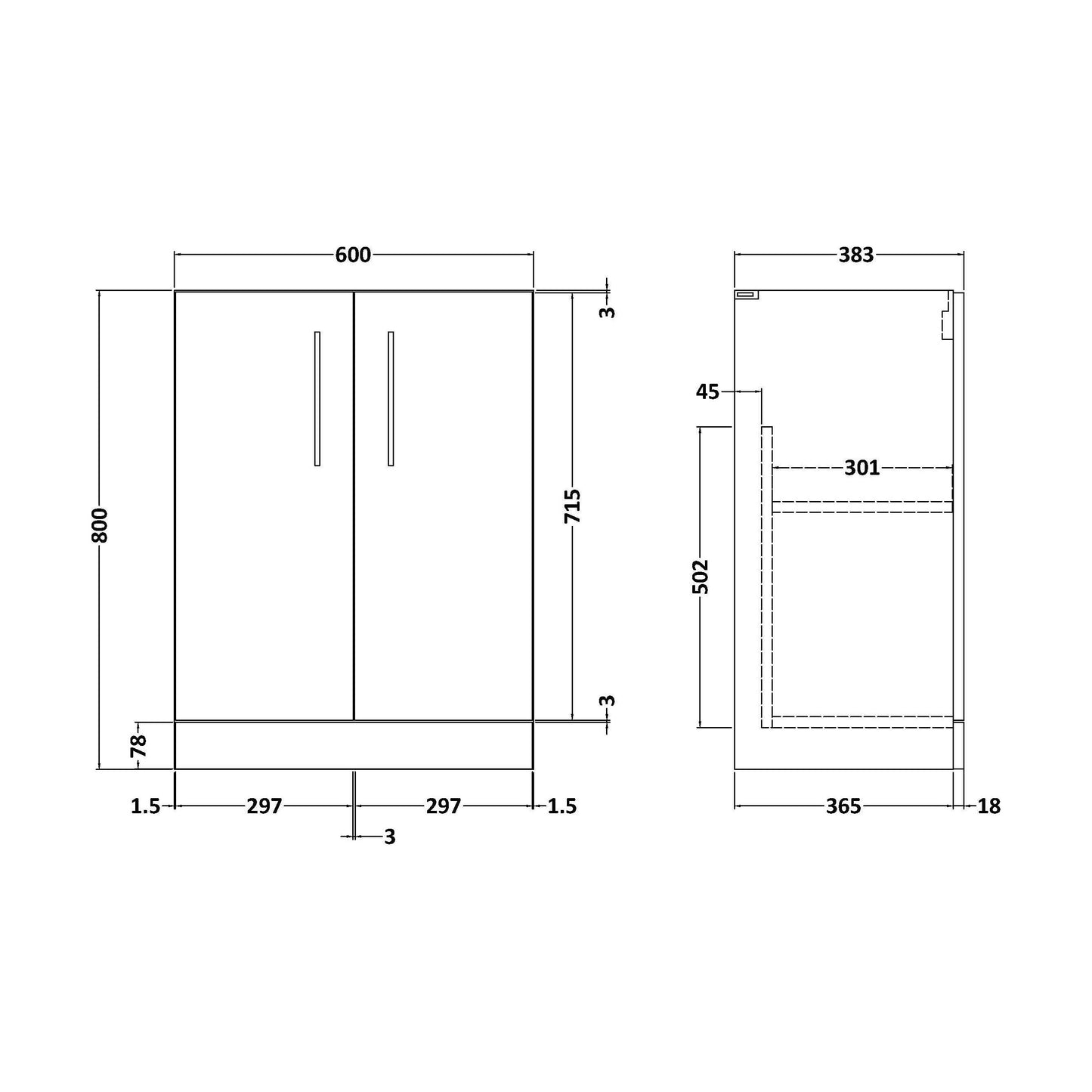 [BFLE2503F] 600 FS 2-DOOR UNIT (365 Deep) - Technical Drawing