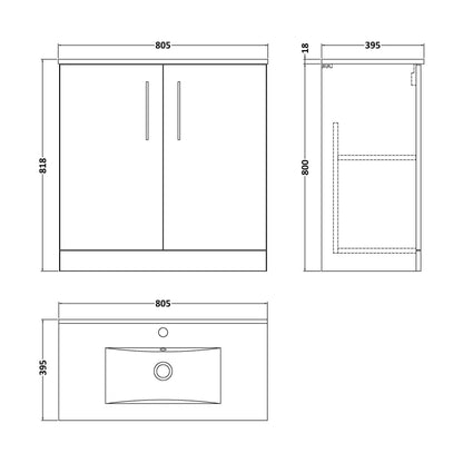 [BFLE2505B] Balterley  Contemporary Bathroom Floor Standing 2-Door Vanity Unit & Minimalist Basin, Solace Oak, 800mm - Technical Drawing