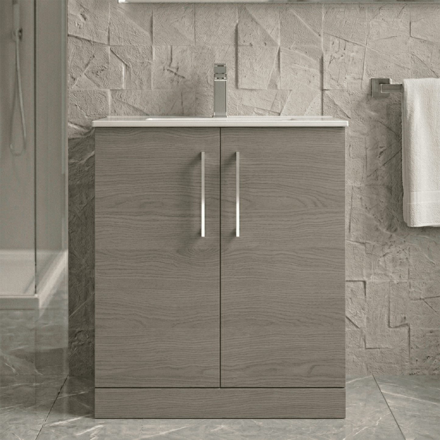 [BFLE2505B] Balterley  Contemporary Bathroom Floor Standing 2-Door Vanity Unit & Minimalist Basin, Solace Oak, 800mm - Silo