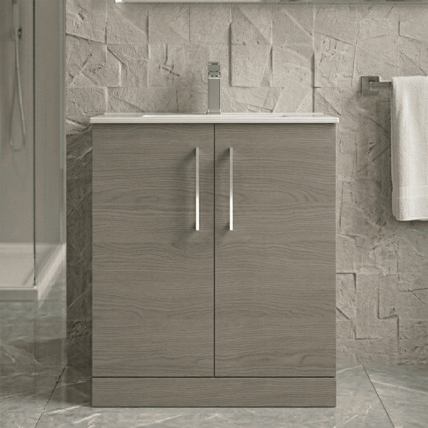 [BFLE2505B] Balterley  Contemporary Bathroom Floor Standing 2-Door Vanity Unit & Minimalist Basin, Solace Oak, 800mm - Silo