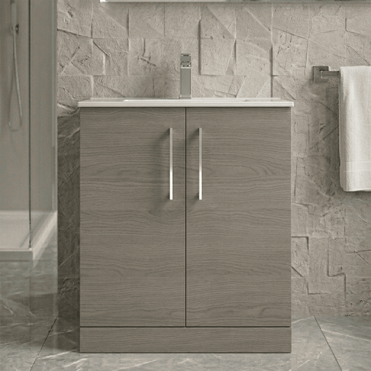 [BFLE2505B] Balterley  Contemporary Bathroom Floor Standing 2-Door Vanity Unit & Minimalist Basin, Solace Oak, 800mm - Silo