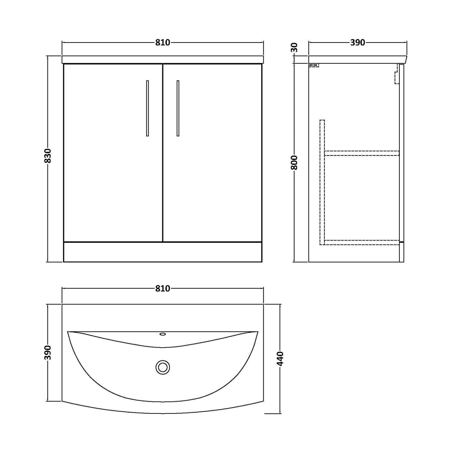 [BFLE2505G] Balterley  Modern Bathroom Floor Standing 2-Door Vanity & Curved Basin, Solace Oak, 800mm - Technical Drawing