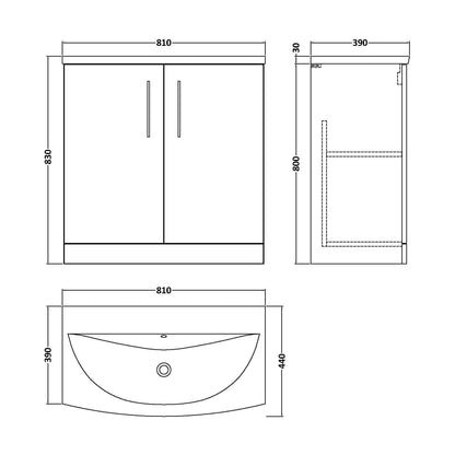 [BFLE2505G] Balterley  Modern Bathroom Floor Standing 2-Door Vanity & Curved Basin, Solace Oak, 800mm - Technical Drawing