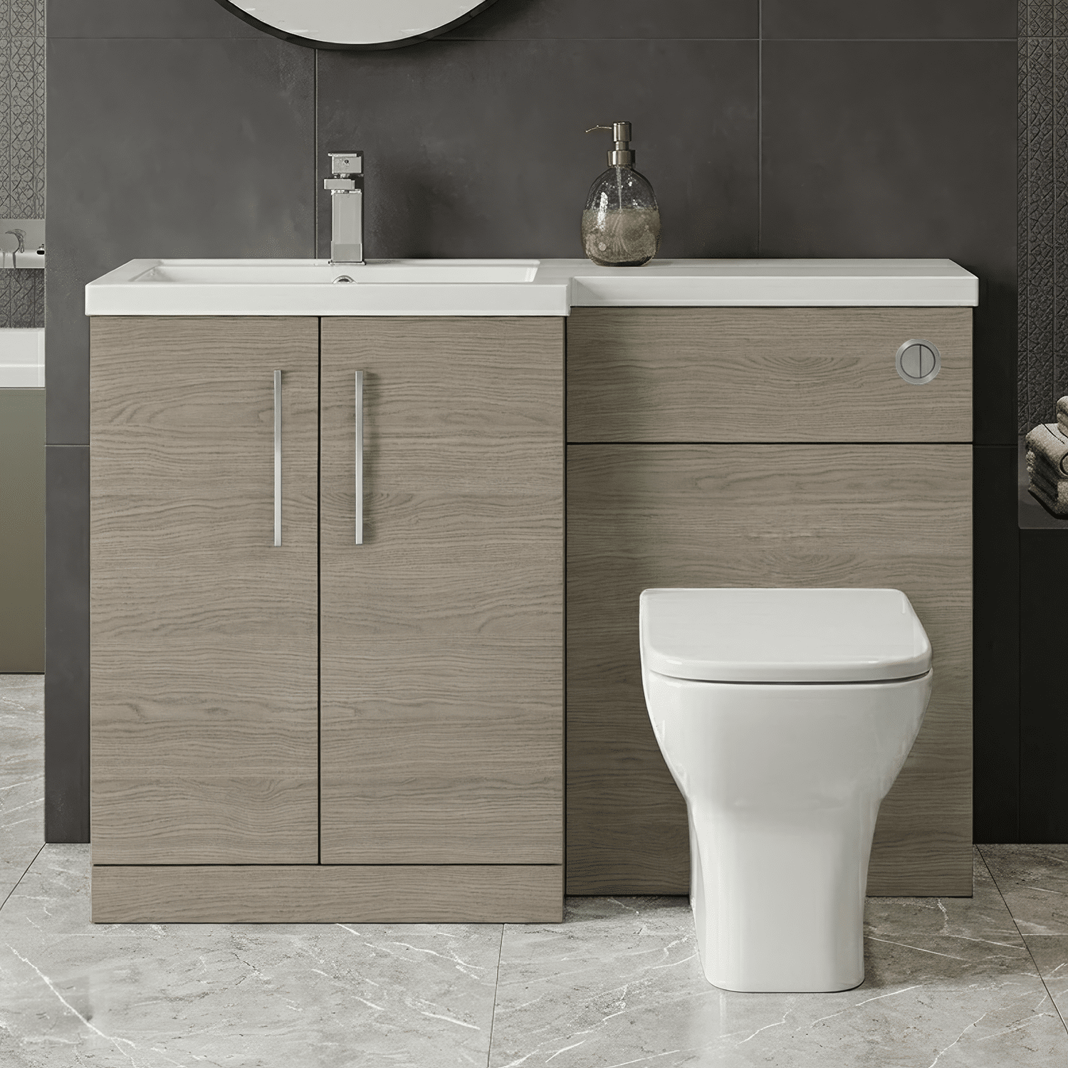 [BFLE2511L] Bramshall Combination Vanity Unit with Basin & WC, Left Hand, 1100mm x 390mm - Choice of Colour and Handle Finish - Silo