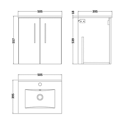 [BFLE2521B] Balterley Level Contemporary Bathroom 2 Soft Close Door & Minimalist Wall Hung Vanity Unit Basin, Solace Oak, 500mm - Technical Drawing